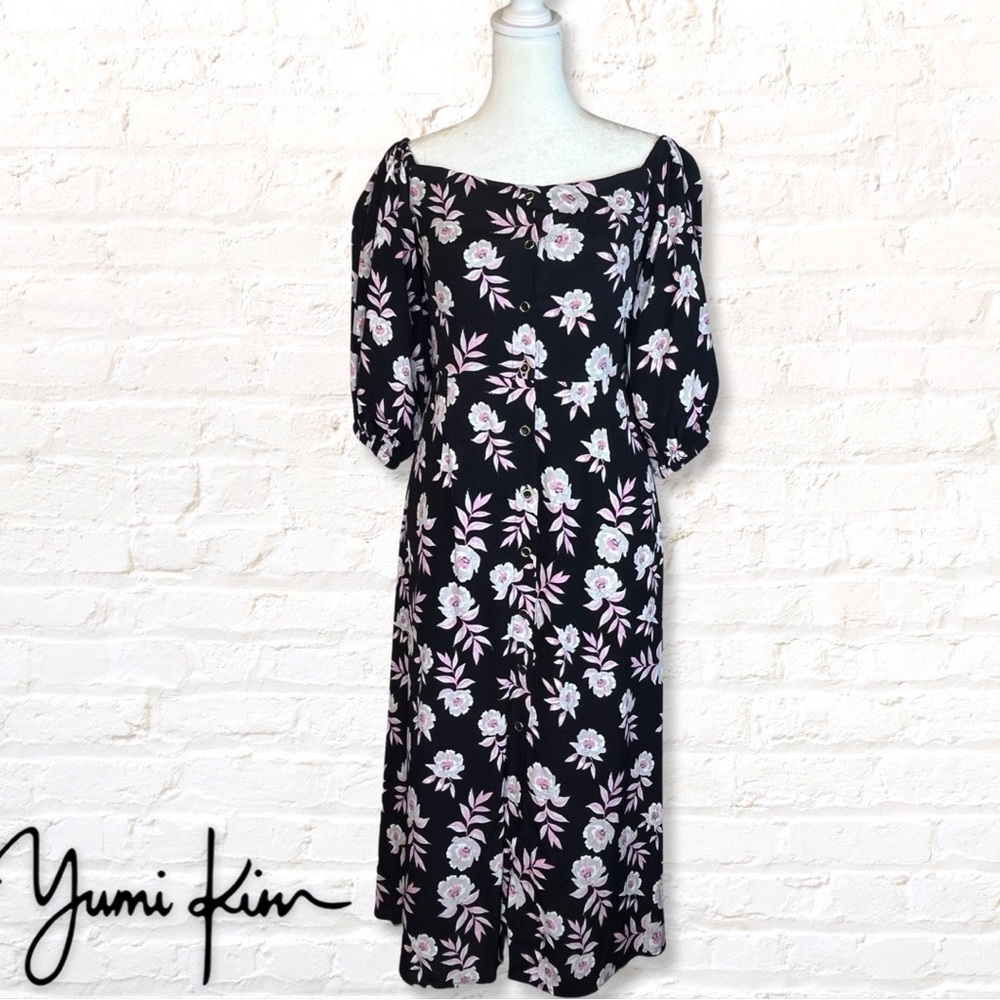 YUMI Kim Floral Button Front Boat Neck Midi Dress Size S Black NWOT
